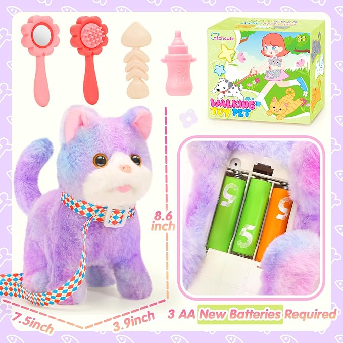 Plush Toys Cat for Kids with Leash, Interactive Electronic Kitty That Walking,Meowing,and Tail Wagging, Pretend Play Realistic Cat Christmas Birthday Gifts for Boys and Girls