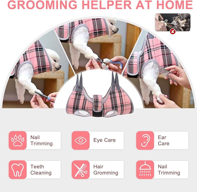 BEAUTYZOO Dog Grooming Hammock for Small Dogs Cat- Dog Sling for Nail Trimming/Clipping- Dog Hanging Harness Holder with Thick Fabric Neck Support & Strap Restraint Claw Care, Pink S