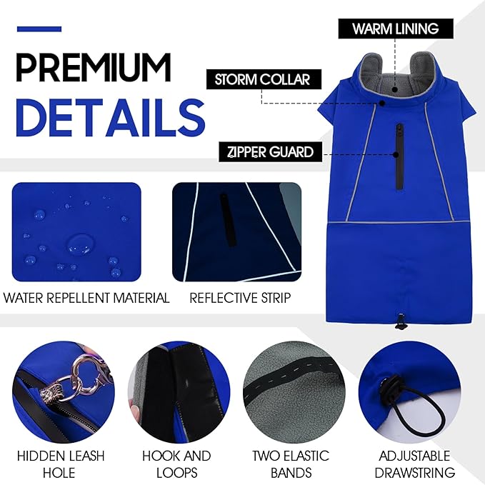 ROZKITCH Raincoat Jacket for Dogs, Waterproof Windproof Dog Rain Jacket with Fleece Liner and Leash Hole Reflective Strip for Medium Large Dog, Adjustable Poncho Vest for Outdoor Hiking Travel Blue L