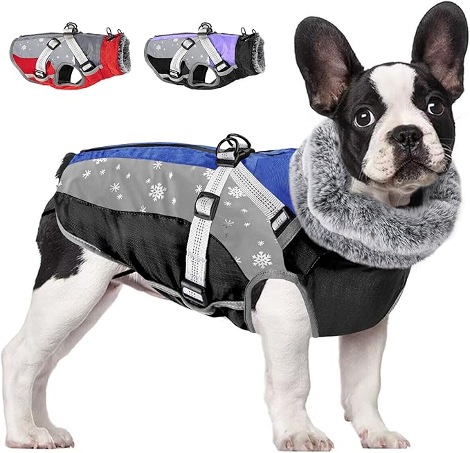 SlowTon Dog Jacket with Harness Built in - Waterproof Fleece Winter Warm Dog Coats for Small Medium Dogs, Reflective Adjustable Furry Puppy Vest Clothes for Outdoor Walking (Blue,M)
