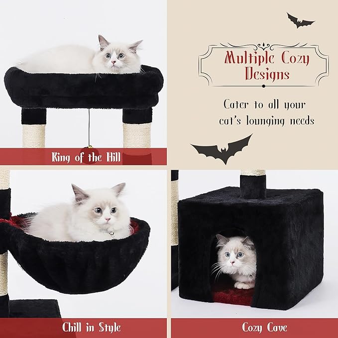 Hoopet 32-Inch Gothic Cat Tree for Indoor Cats – Black & Red Small Cat Tower with Sisal Scratching Posts, Cozy Condo, Plush Perch & Dangling Ball – Ideal for Kittens & Small Cats