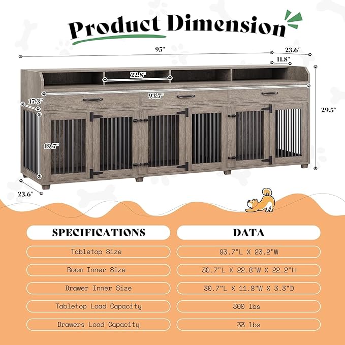 AMERLIFE 95" Large Dog Crate Furniture with Storage, 3-Room Indoor Wooden Dog Kennel for Large/Medium Dogs, TV Stand & Sideboard with Drawers & Removable Divider, Grey