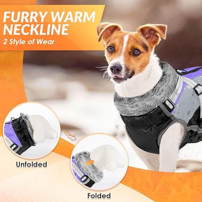 SlowTon Dog Jacket with Harness Built in - Waterproof Fleece Winter Warm Dog Coats for Small Medium Dogs, Reflective Adjustable Furry Puppy Vest Clothes for Outdoor Walking (PU, XS)