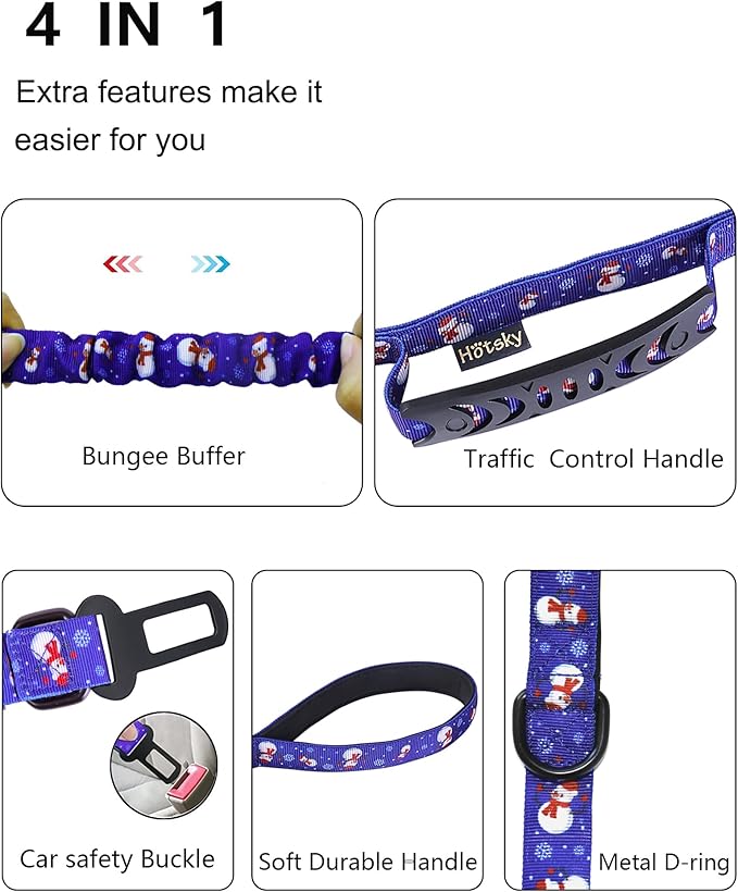 Hotsky Tactical Dog Leash Heavy Duty for Medium Large Dogs That Pull,4-6Ft Strong Bungee Shock Absorbing No Pull Dog Leash with Padded Double Handle and Car Seatbelt,Snowman