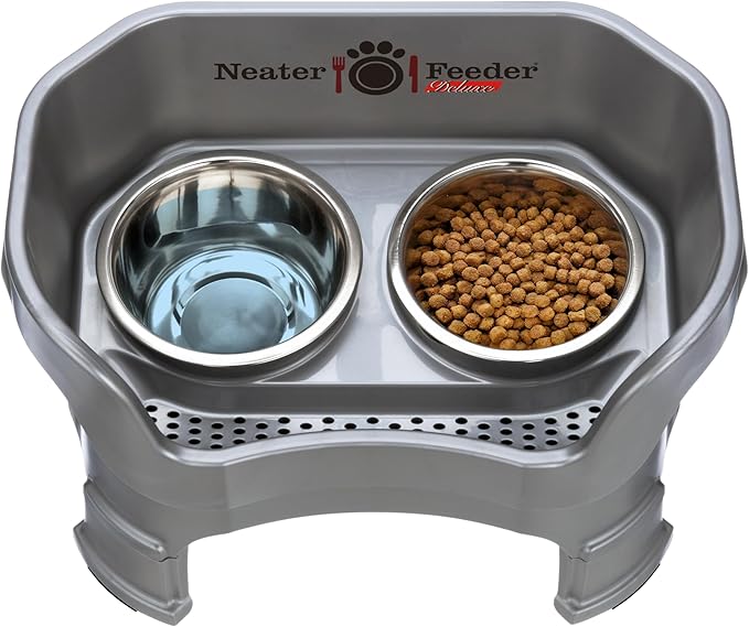 Neater Feeder Deluxe Mess Proof Dog Bowls Elevated Medium Sized Dogs (19-40 lbs) Made in USA, No Spill Raised Dog Food Bowl Stand w/Leg Extension, Stainless Steel Food and Water Bowl Set, Grey
