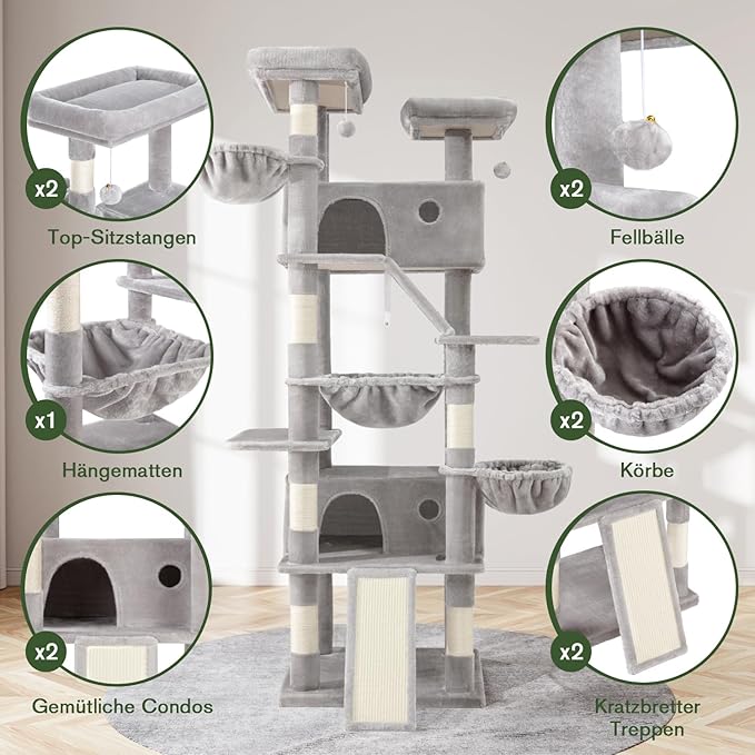 MUTICOR 81 inches Multi-Level Tall Cat Tree Tower for Indoor Kitties/Large Climbing Tree House for Big Feline/Condo/Sisal Scratching Posts/Plush Perches Platforms/Basket Hammock/Grey