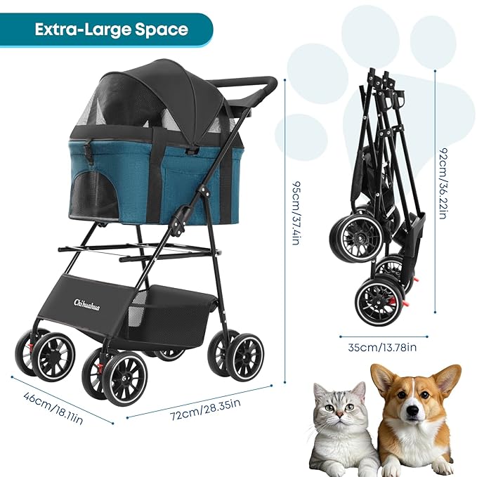 2-in-1 Foldable Pet Stroller with Canopy, 4 Wheels Pet Strolling Cart for Small/Medium Dogs and Cats with Removable Carrier,Breathable Mesh,Mom Tote Bag,Cup Holders,Easy Assembly,Black+Green