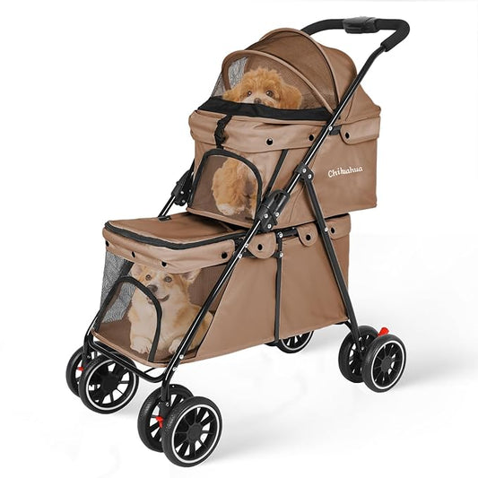 Double Pet Stroller for Dogs and Cats,Cat Strollers for 2 Cats,Double Dog Stroller for 2 Small Medium Dogs,4 Lockable Wheels/Lightweight/Folding,Khaki