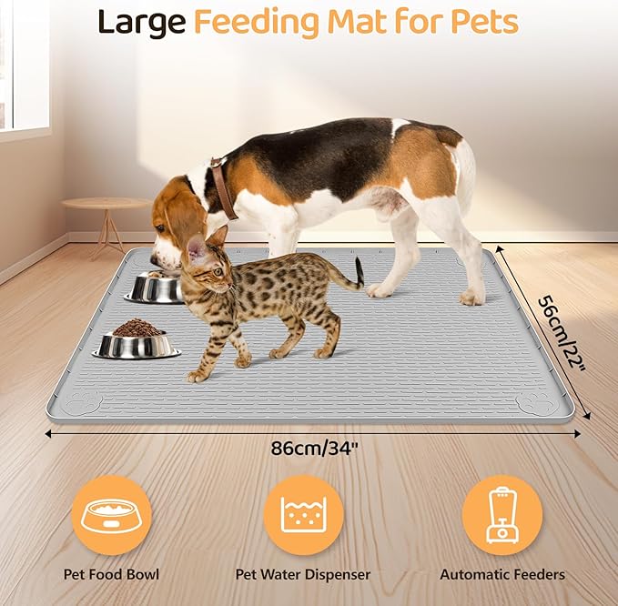 Dog Food Mat, Extra Large 34" x 22" Silicone Pet Feeding Mat with Raised Edge Pet Placemat for Small, Medium, and Large Pets Non-Slip, Easy to Clean (Light Grey)