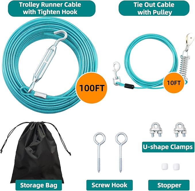 100FT Dog Runner for Yard with 10FT Tie Out Cable - Heavy Duty Trolley System for Large Dogs Up to 250LBS, Backyard/Park/Camping Use (Ice Blue, 100FT+10FT)