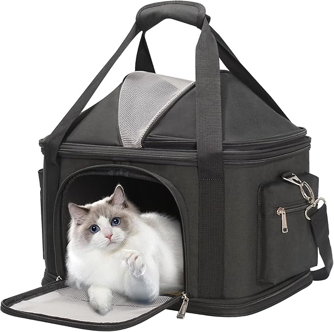 Pet Carrier Soft-Sided Carriers Travel Tote Bag for Small Dogs Cats, Fashion Foldable Pet Bag for Puppies Small Animals with Pockets (Black, 16.2" x 11.4" x 13")