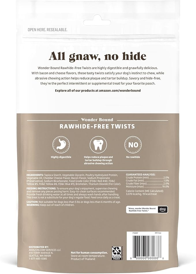 Amazon Brand - Wonder Bound Bacon & Cheese Flavor Dog Twist Sticks - 55 Count - Rawhide-Free Dog Treats, Dental Health Chews for Plaque & Tartar Control, Easy to Digest, Long-Lasting (Pack of 2)