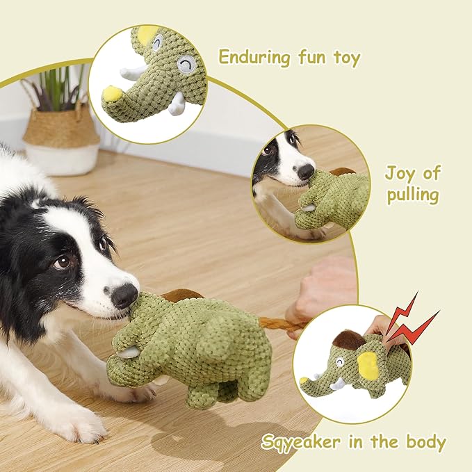 Hollypet Squeaky Plush Stuffed Durable Dog Toys, Cute Puppy Chew Toys for Small, Medium and Large Breed Dogs，Green Elephant