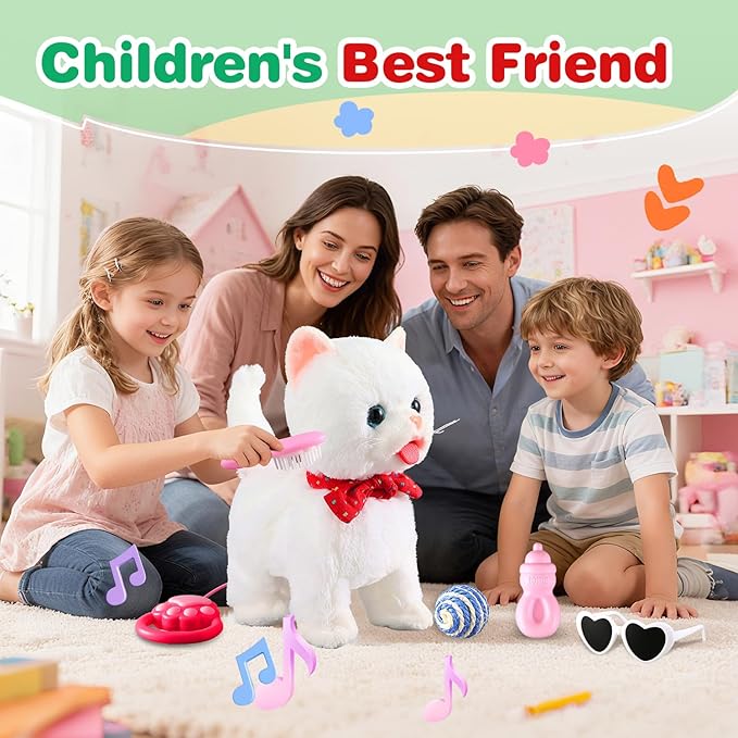 White Leash Walking Cat Set Toy Interactive Talking Cat Singing Dancing Kitten Mimicking Repeat What You Say Kitty Touch and Voice Control Nodding Wagging Tail Plush Electric Robot for Kid Girl