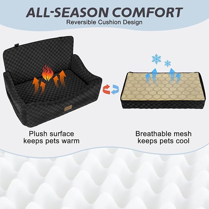 JOEJOY Dog Car Seat for Medium/Large Dogs - Reversible Dual-Sided Travel Dog Car Bed with Memory Foam, Washable Pet Booster Seat for Dogs up to 55 lbs or 2 Small Dogs, 2 Safety Leashes, Black