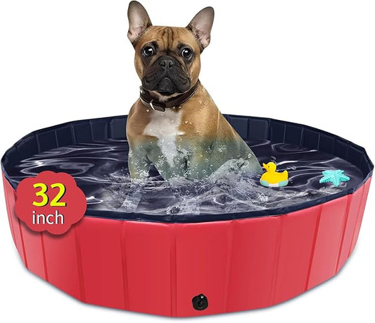 Foldable Dog Pool, 32" x 8" Kiddie Pool with Hard Plastic, Non-Slip Dog Bath Tub for Outdoor Backyard, Collapsible Dog Swimming Pool for Kids Dogs Pets (Red)