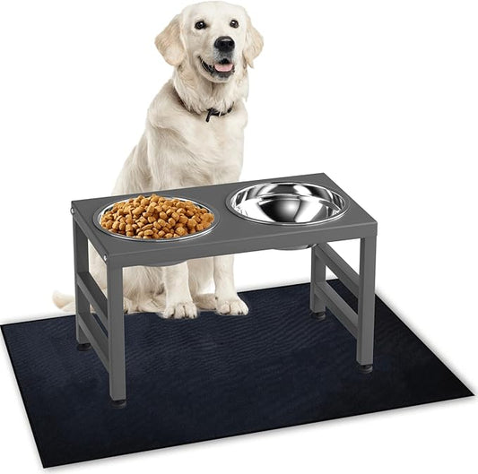 Metal Raised Dog Bowl, 10" Height Tall Elevate Dog Feeder Stand with 2 Stainless Steel 42oz Bowls & 16x24 Non-Slip Mat – Stronger Dogs Food & Water Bowl Stand (Grey)