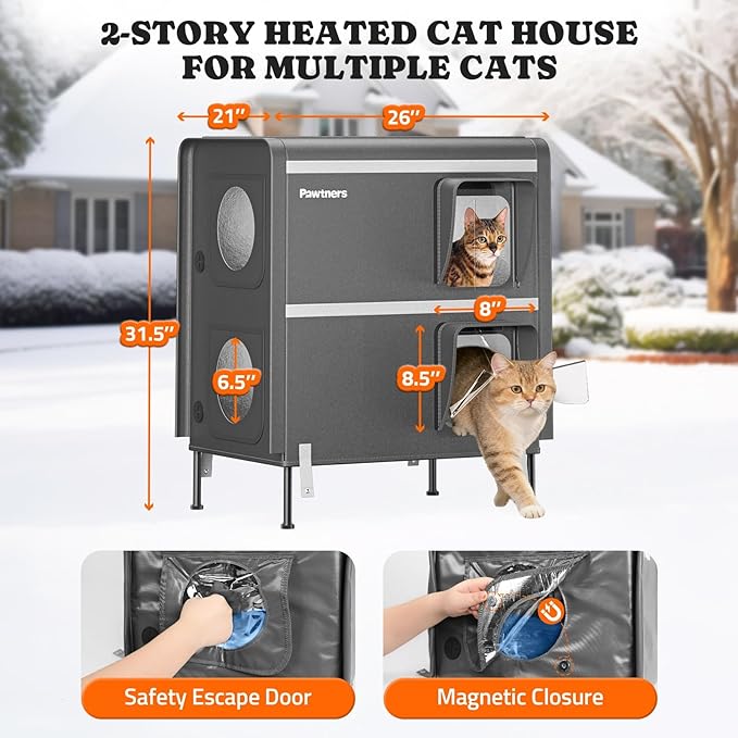 Pawtners Heated Outdoor Cat House for Outside Cats, 26'' XXL 2-Story Insulated Weatherproof Cat Shelter with Heated Pad, Elevated Feet & Escape Door, Warm Kitty House for Feral or Stray Cats in Winter