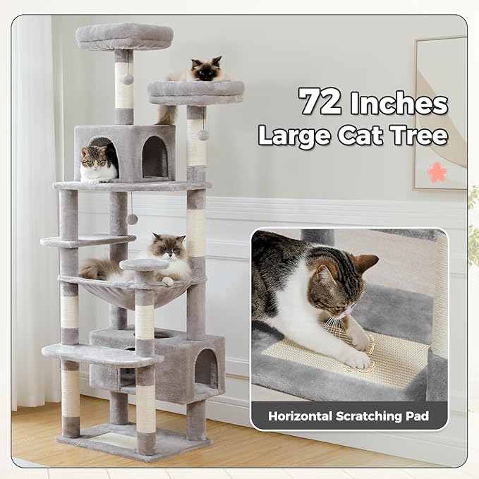 PAWZ Road Large 72 Inch Cat Tree and Tower for Indoor Cats - With Sisal-Covered Scratching Posts, Padded Perches, Condos, and Basket - Gray