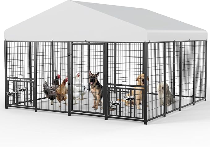 ROOMTEC Large Dog Kennel Outdoor Pet Pens Dogs Run with 4 Bowls (10' L x 10' W x 6.5'H)