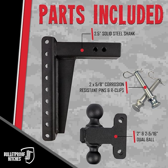 BulletProof Hitches - 2.5" Adjustable Heavy Duty Trailer Hitch (22,000 lb. Rating) - 12" Drop/Rise Trailer Hitch with 2" & 2-5/16" Dual Ball - Powder Coat, Solid Steel, Corrosion-Resistant