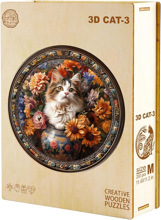 KAAYEE Wooden Puzzles for Adult, Beautiful Tricolor Cat 300 Piece Unique Animal Shape Puzzle, Cat Wood Puzzle for Adults, Creative Gifts for Friends/Family(13.4 * 13.4in)