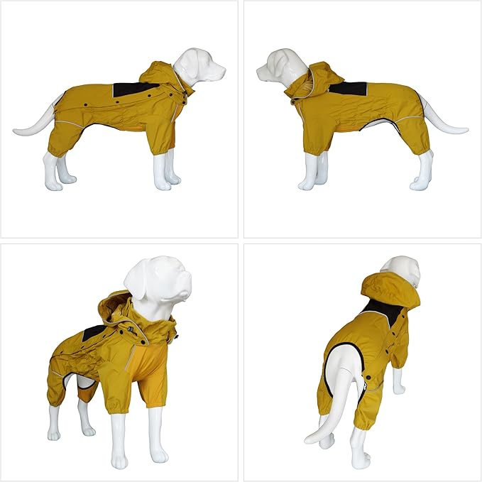 LOVELONGLONG Fleece-Lined Dog Raincoat with Removable Hood – Waterproof Winter Full Body Dog Jacket – Windproof Snowproof Cold-Weather Suit – Yellow-F S+