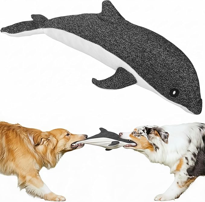 Tough Dog Toy for Aggressive Chewers, Durable UHMWPE Fabric Chew Toy with Squeaky, Plush Companion for Small Medium Large Dogs - Dolphin