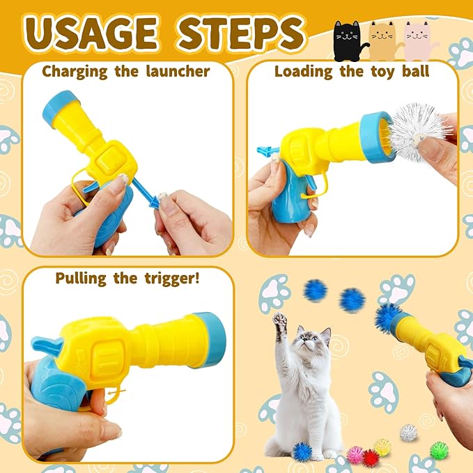 Cat Toy Balls with Launchers Set,2 Cat Toy Launchers & 100 Glitter Cat Pom Pom Balls,Cat Fetch Toy Interactive Cat Toy Balls for Kitty Gifts
