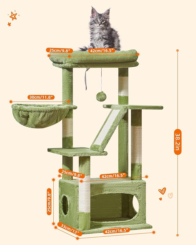 Taoqimiao Cat Tree,38.5-Inch Cat Tower for Indoor Cats,Suitable for Kittens with Luxurious cat condo with Adjustable Baskets and Luxurious Perch MS029SGR Green