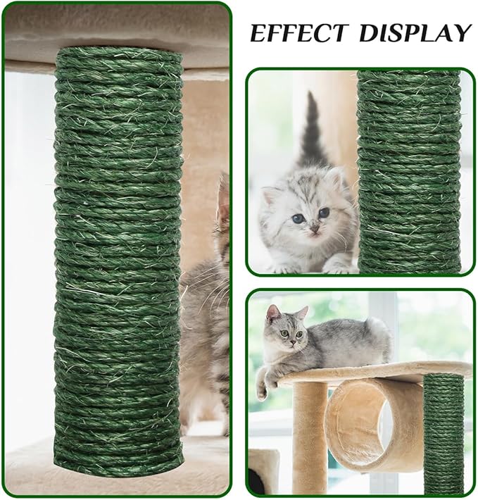 Green Sisal Rope 1/4 Inch by 49-Feet for Cat Scratching Post Tree Tower Replacement Repair and Replace, DIY Hemp Twine Rope for Kittens Shelves Furniture Window Bed Perch House Climbing, 6mm by 15m