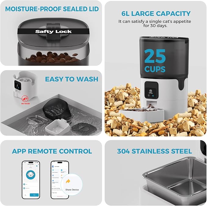 PAPIFEED Smart Automatic Cat Feeders: WiFi Pet Feeder with APP Control for Remote Feeding, Detachable for Easy Clean, Automatic Cat Food Dispenser with Alexa,1-10 Meals Per Day for Dog (6L/25Cup)