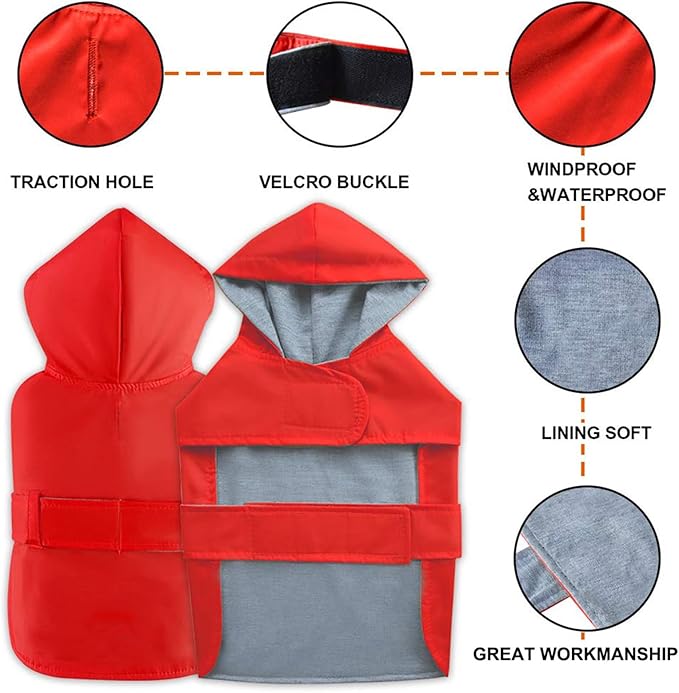 Dog Raincoat Dog Rain Jacket Poncho Waterproof Pet Rain Suit Double Layer Warm Lining Hooded Leash Hole Adjustable Puppy Small Medium Dogs,Red,XXL