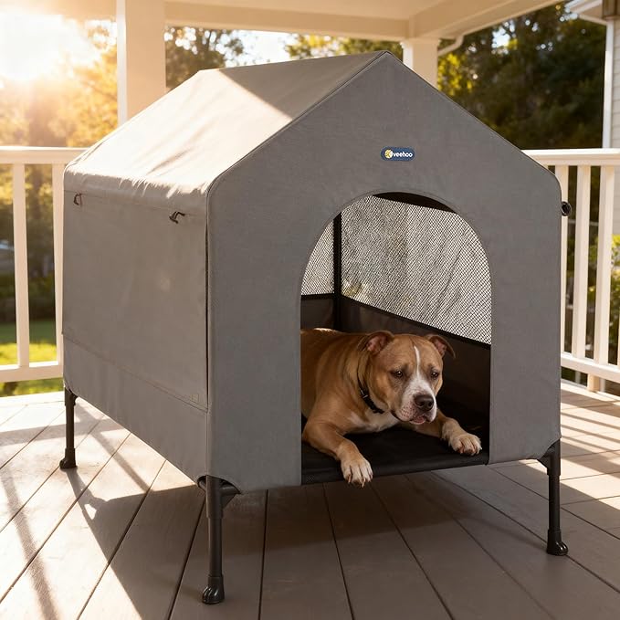 Veehoo 35" Dog House, 2-in-1 Large Dog House Outdoor Indoor Weatherproof, Outside Elevated Dog Cot Bed Dog Tent Shade, Three-Sided Breathable Mesh Windows and Sunshades, CWC2435CP