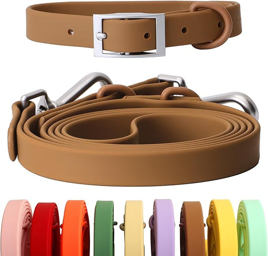 Dog Collar and Leash Set, Durable Waterproof Dog Leashes Collars, 5 Length Setting Adjustable Dog Collars for Large Medium Small Dogs (Brown, L)