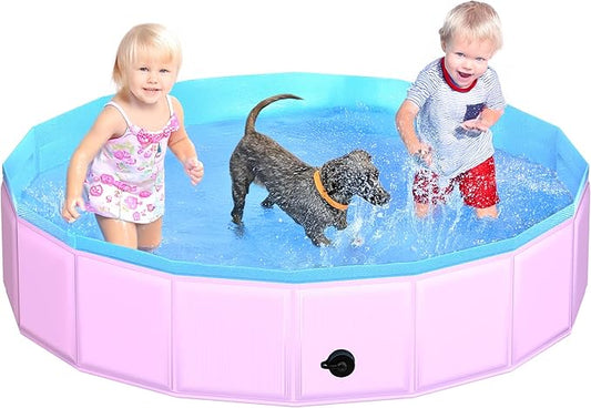 2025 Updated Foldable Dog Pool, 63" x 12" Kiddie Pool with Hard Plastic, Non-Slip Dog Bath Tub for Outdoor Backyard, Collapsible Dog Swimming Pool for Kids Dogs Pets (Pink)