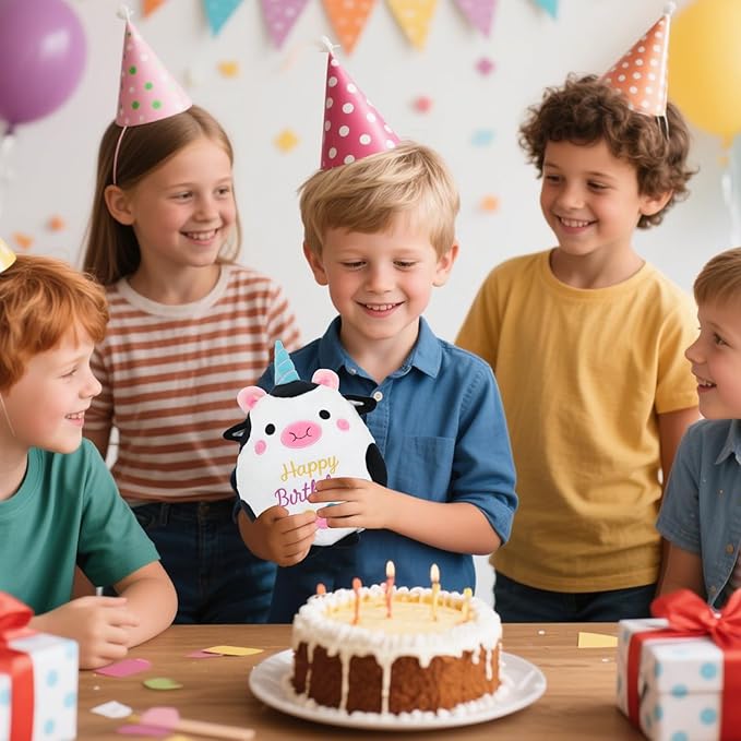 Cow Plush Toy 10 Inch Cute Cow Birthday Stuffed Animal Soft Cow Plushies Pillow Wear Unicorn Birthday Hat Kawaii Cartoon Doll Gifts for Kid Toddlers Home Room Decoration