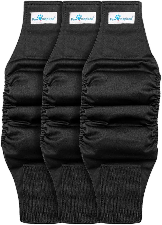 Paw Inspired 3-Count Reusable Male Dog Wraps, Washable Diapers for Male Dogs, Belly Bands for Incontinence, Surgery, Male Marking (XS Size, Black Color with Black Lining, Pack of 3)