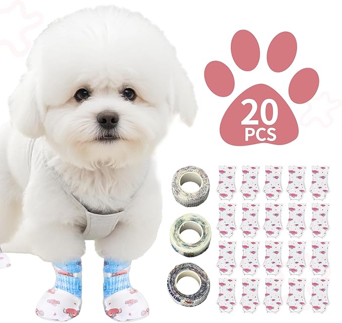 Disposable Dog Booties for Dog Cats, Pet Booties Waterproof and Breathable with Adjustable Bandage,Unstoppable Paw Protectors for Dogs Cats, 20 Counts(S)