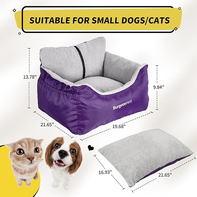 BurgeonNest Dog Car Seat for Small Dogs, Fully Detachable and Washable Cat Carseats Under 25 lbs, Soft Pet Booster Seats with Storage Pockets Clip-On Leash Portable Travel Carrier Bed, Purple