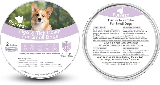 Flea and Tick Collar for Small Dogs,Under 18 lbs,12-Month Protection,Natural Ingredients,Waterproof & Adjustable,Includes Flea Comb & Tick Removal Tool,2 Pack