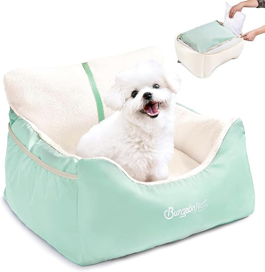 BurgeonNest Dog Car Seat for Small Dogs, Detachable and Washable Cat Carseats Under 25 lbs, Soft Pet Booster Seats with Storage Pockets and Clip-On Leash Portable Car Travel Carrier Bed, Beige Green