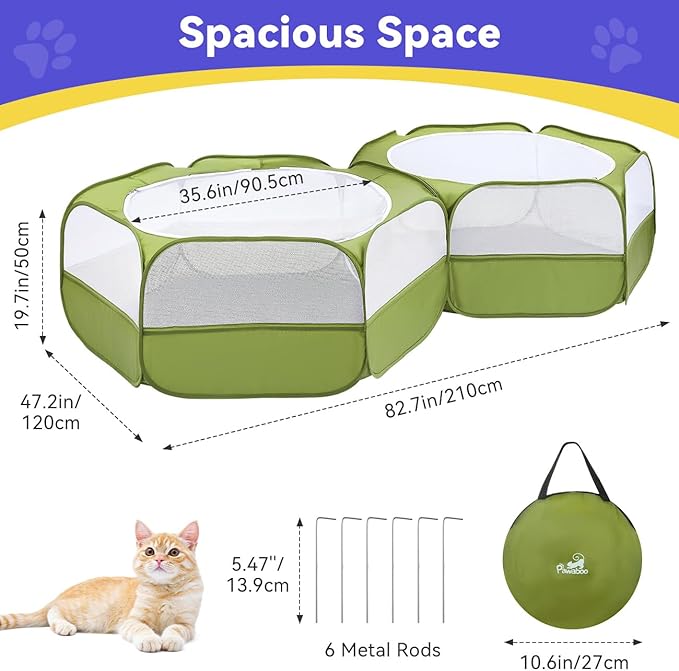 Pawaboo Extra Large 2-in-1 Small Animals Playpen, 2 Detachable Pet Cage Tent with Zipper Splicing, Portable Outdoor Yard Fence with 3 Metal Rod for Chick/Kitten/Puppy/Guinea Pig/Rabbits/Chinchillas