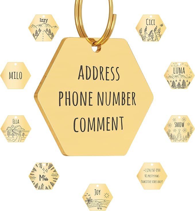 PawFurEver Hexagon Gold Stainless Steel Pet ID Tag - Personalized Cat & Dog Tags Engraved Front & Back - Dark Etching Made in USA