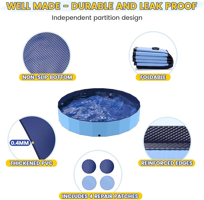 Foldable Pool for Dog and Kids 57" Washing Portable Plastic Tub for Large Dog, Non-Slip Collapsible Kiddie Swimming Wading Pool for Toddler Age 3-5 Outdoor Backyard
