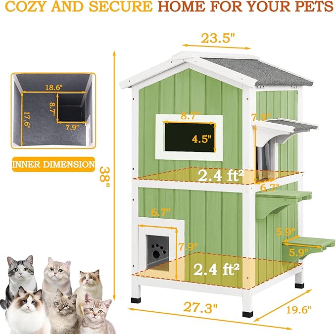PetsCosset Insulated Cat House Outdoor Weatherproof All-Round Insulation Two Story Outside Wooden Feral Cat Shelter for Winter with 2 Escape Doors, Pull Out Floor and Openable Roof for Cats, Green