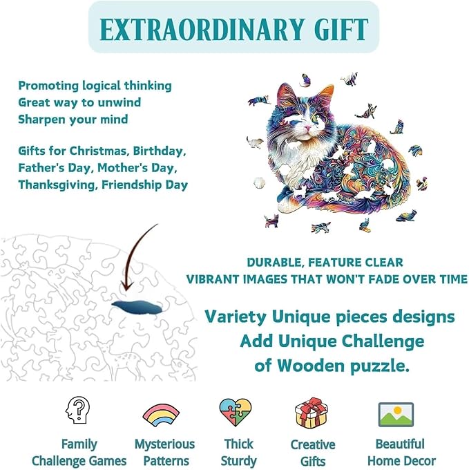 Lazy Cute Cat Wooden Puzzles 95 Pieces Puzzles Gifts for Adults 8.5x7.7in Wooden