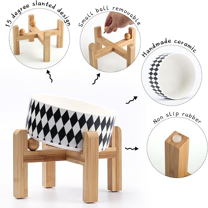 Petygooing Elevated/Raised 15°Slanted Ceramic Dog Bowl for Small and Medium Breeds, Tilted Anti Slip Pet Bowl,Food Water Dish with Stand for Cats and Dogs (28 OZ/3.6 Cups) Black Rhombus