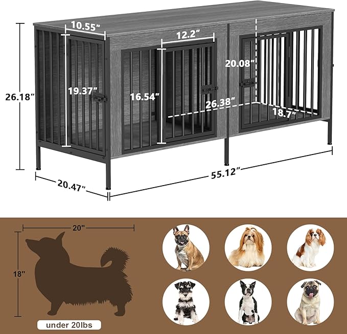 EasyCom Dog Crate Furniture for 1 or 2 Dogs, Heavy Duty Single/Double Dog Crates for Small/Medium/Large Dogs, Dog Kennel Furniture Indoor as TV Stand, Small Size 55.12" L(0-20 Pounds), Dark Grey