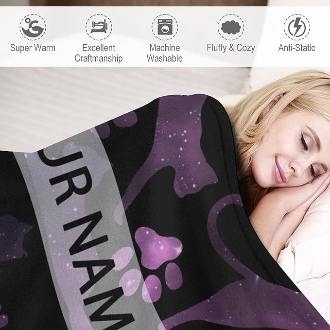 Personalized Cat Blanket Gifts with Name - 60"x80" Cute Throw Blanket for Adults Kids - Black Soft Plush Throws for Bed, Couch & Travel